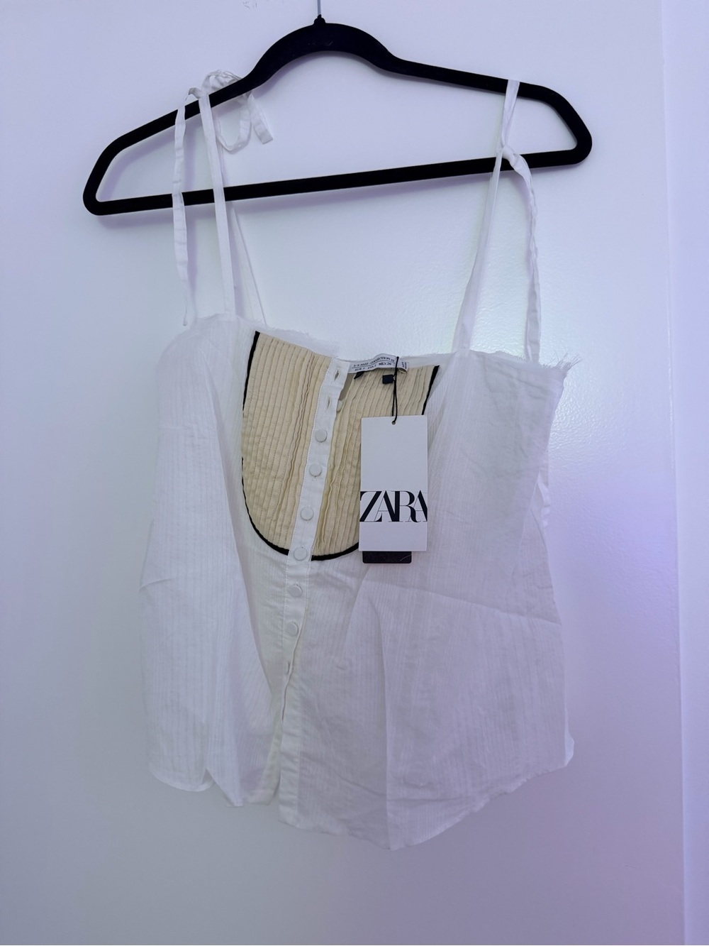 ZARA White Sleeveless Tie-Strap Camisole with Cream Bib